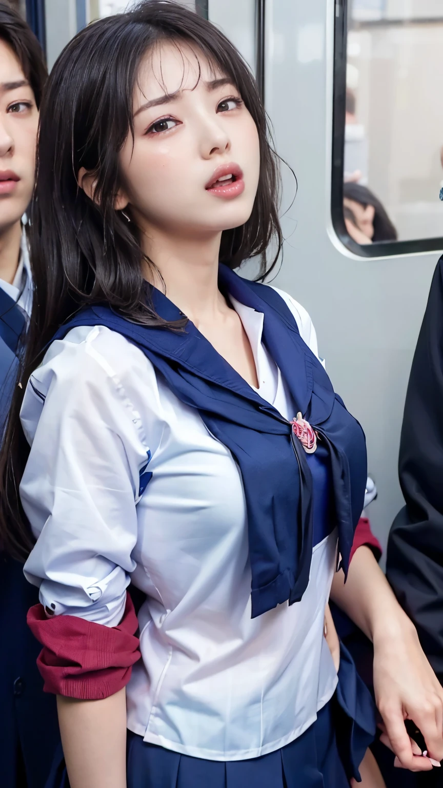 (molesting:1.5)、1girl in、(Full body shot)、1male people、(((High school girl being molested:1.5)))、(Super beautiful)、(beauitful face:1.5)、she is crying、(high-school uniform:1.2)、(Inside a crowded train in Japan:1.5)、A man forcibly kisses her、(A man takes off his skirt:1.5)、(Man hugs her chest:1.5)、(At SFW:1.1)、(((Visible from the sailor blouse)))、(moaning in pain:1.3)、(ecstacy:1.5)、