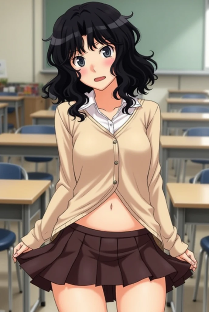 Kaoru Tanamachi(1:2),  super detailed face,  pay attention to the details with the hem of the clothes,  anatomically correct body ( beige knitwear style uniform:1.3), (Dark Brown Skirt:1.1), Provoke by showing your stomach(1:10), Lift the hem of the uniform (1:5), classroom, NSFW