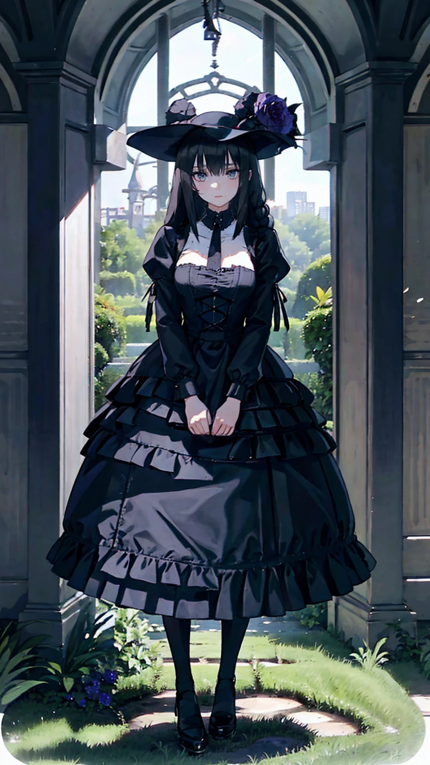 ネオゴススタイルの  girl, Wearing a black dress and a white collar,  wearing a black hat  、Wearing heavy makeup,  she's standing in a mysterious garden  、Surrounded by vines  . The garden is full of dark purple flowers  .、Gothic architecture in the background。.  girl&#39;Iの髪は黒色、  her hair is long braided  .、  has red roses next to her  。. Her eyes are sharp、It&#39;stabbing.,  thick black eyeliner and long eyelashes .  she has white skin .、Lips bright red.. The atmosphere is gloomy and eerie, Dim lighting casts long shadows.  This work is a combination of digital illustration and photography.., result、そのresult、Incredibly high resolution images。. Most colors are dark、I&#39;kind,  The dark red and purple create a dark beauty  ..  The overall style is neo-gothic  ., Horror,  portrait photography ,  creates a unique and fascinating visual experience  .Dark Imagery
