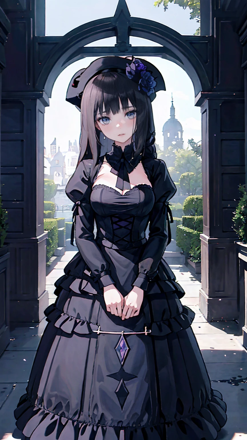 ネオゴススタイルの  girl, Wearing a black dress and a white collar,  wearing a black hat  、Wearing heavy makeup,  she's standing in a mysterious garden  、Surrounded by vines  . The garden is full of dark purple flowers  .、Gothic architecture in the background。.  girl&#39;Iの髪は黒色、  her hair is long braided  .、  has red roses next to her  。. Her eyes are sharp、It&#39;stabbing.,  thick black eyeliner and long eyelashes .  she has white skin .、Lips bright red.. The atmosphere is gloomy and eerie, Dim lighting casts long shadows.  This work is a combination of digital illustration and photography.., result、そのresult、Incredibly high resolution images。. Most colors are dark、I&#39;kind,  The dark red and purple create a dark beauty  ..  The overall style is neo-gothic  ., Horror,  portrait photography ,  creates a unique and fascinating visual experience  .Dark Imagery
