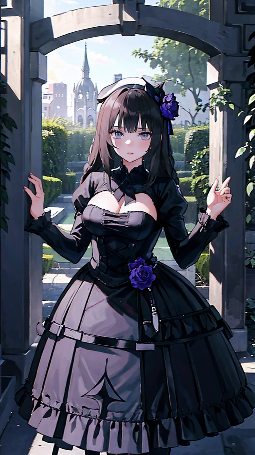 ネオゴススタイルの  girl, Wearing a black dress and a white collar,  wearing a black hat  、Wearing heavy makeup,  she's standing in a mysterious garden  、Surrounded by vines  . The garden is full of dark purple flowers  .、Gothic architecture in the background。.  girl&#39;Iの髪は黒色、  her hair is long braided  .、  has red roses next to her  。. Her eyes are sharp、It&#39;stabbing.,  thick black eyeliner and long eyelashes .  she has white skin .、Lips bright red.. The atmosphere is gloomy and eerie, Dim lighting casts long shadows.  This work is a combination of digital illustration and photography.., result、そのresult、Incredibly high resolution images。. Most colors are dark、I&#39;kind,  The dark red and purple create a dark beauty  ..  The overall style is neo-gothic  ., Horror,  portrait photography ,  creates a unique and fascinating visual experience  .Dark Imagery
