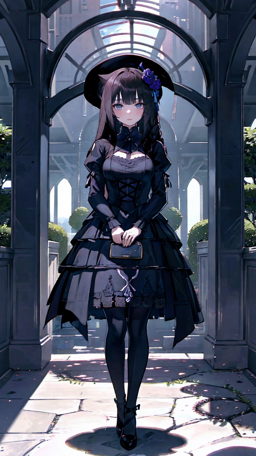 ネオゴススタイルの  girl, Wearing a black dress and a white collar,  wearing a black hat  、Wearing heavy makeup,  she's standing in a mysterious garden  、Surrounded by vines  . The garden is full of dark purple flowers  .、Gothic architecture in the background。.  girl&#39;Iの髪は黒色、  her hair is long braided  .、  has red roses next to her  。. Her eyes are sharp、It&#39;stabbing.,  thick black eyeliner and long eyelashes .  she has white skin .、Lips bright red.. The atmosphere is gloomy and eerie, Dim lighting casts long shadows.  This work is a combination of digital illustration and photography.., result、そのresult、Incredibly high resolution images。. Most colors are dark、I&#39;kind,  The dark red and purple create a dark beauty  ..  The overall style is neo-gothic  ., Horror,  portrait photography ,  creates a unique and fascinating visual experience  .Dark Imagery
