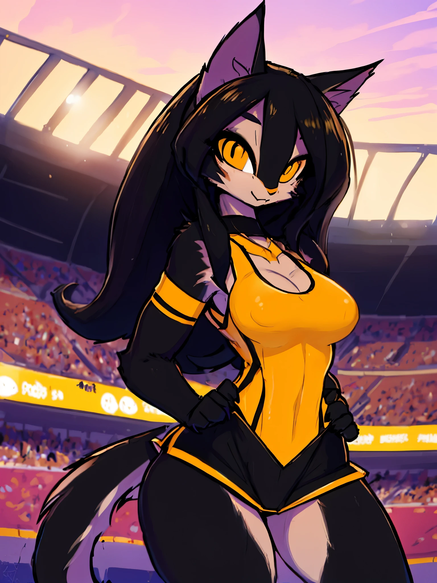 cute  female anthro black cat girl, skinny, long black hair, yellow eyes, tiny breasts, black fur on arms and tail, cream fur on chest and face, cheerleader outfit, at a football game