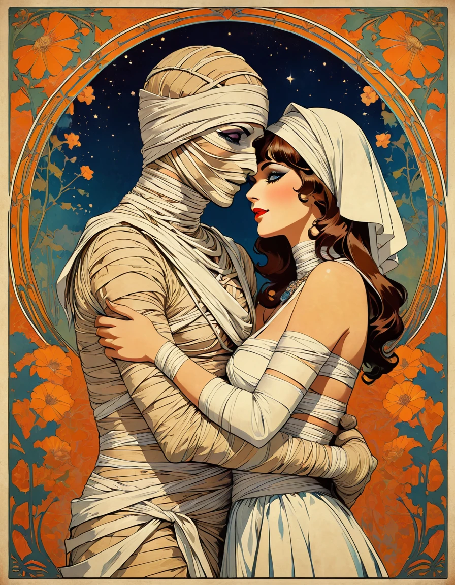 Retro movie poster of two bandaged mummies holding each other's hands. Love romance, supreme love, bandaged gothic horror maiden mummy and young man mummy. High quality costumes, art nouveau, retro poster of mummy, art nouveau, 1960s posters, retro art style, poster art style, lovely background, vintage images, retro illustration.