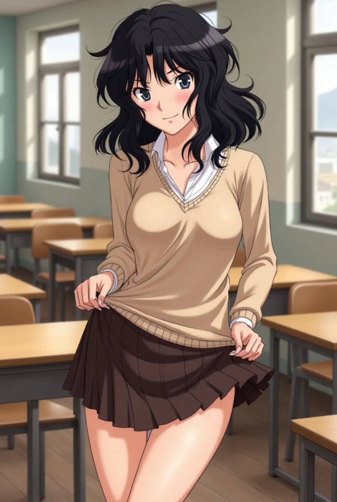 Kaoru Tanamachi(1:2),  super detailed face,  pay attention to the details with the hem of the clothes,  anatomically correct body ( beige knitwear style uniform:1.3), (Dark Brown Skirt:1.1), Provoke by showing your stomach(1:10), Lift the hem of the uniform (1:5), classroom, NSFW