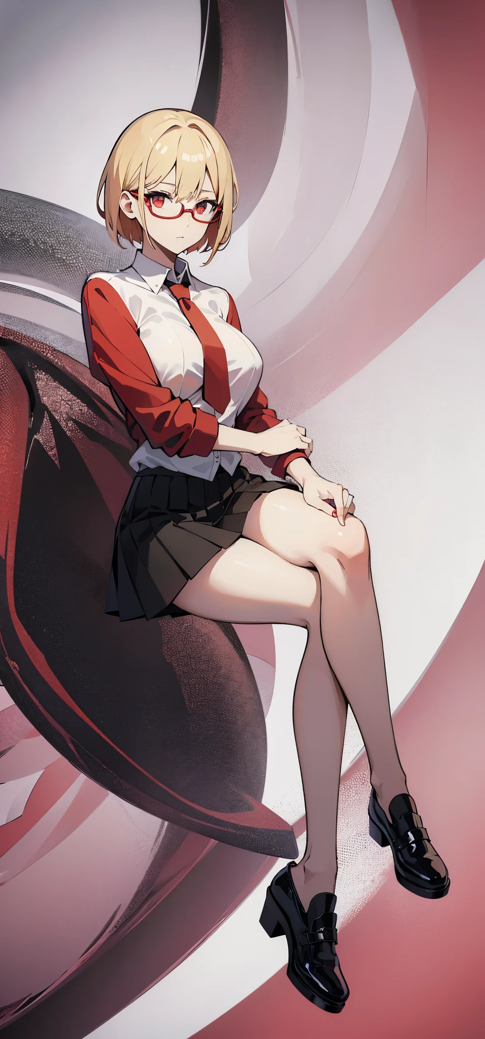 anime girl blonde hair red glasses, short hair, wearing white shirt red tie black skirt,  full body, looking at us , big boobs , black shoe 