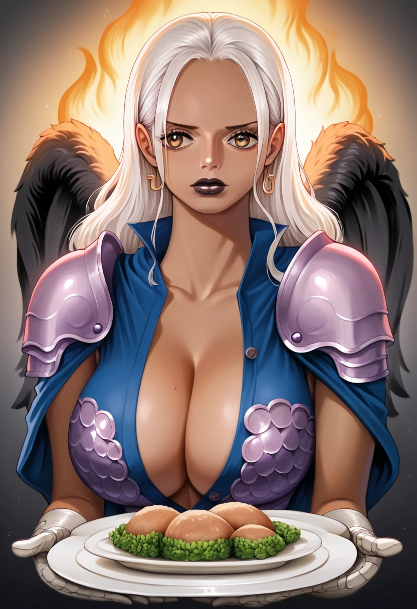   Extremely detailed face  , beautiful woman,  eyes highlighted with a high contour,  dark Lipstick ,   Woman with very dark skin,   with extremely well marked curves and sexy    (extremely wide bust, bust made of  BIG BREASTS,  big and massive boobs, firm breasts ,   and large bust inside an armor) estilo one piece, far away Extremely Long white hair and golden eyes, black wings with a sphere of fire between the wings, medieval armor made of metal    (breast plate armor, armor gloves  ,   far away,  open dress showing part of the thigh and leg;   And high boots with heels),   thin waist and wide hips,  medieval metal breast plate armor , full body art,  highly detailed face, (best quality,4K,8k,highres,masterpiece:1.2),ultra-detailed,(realistic,photorealistic,photo-realistic:1.37),anime art style,one piece,intricate details,dynamic lighting,cinematic composition,vibrant colors,warm color tones, Full body, walking 