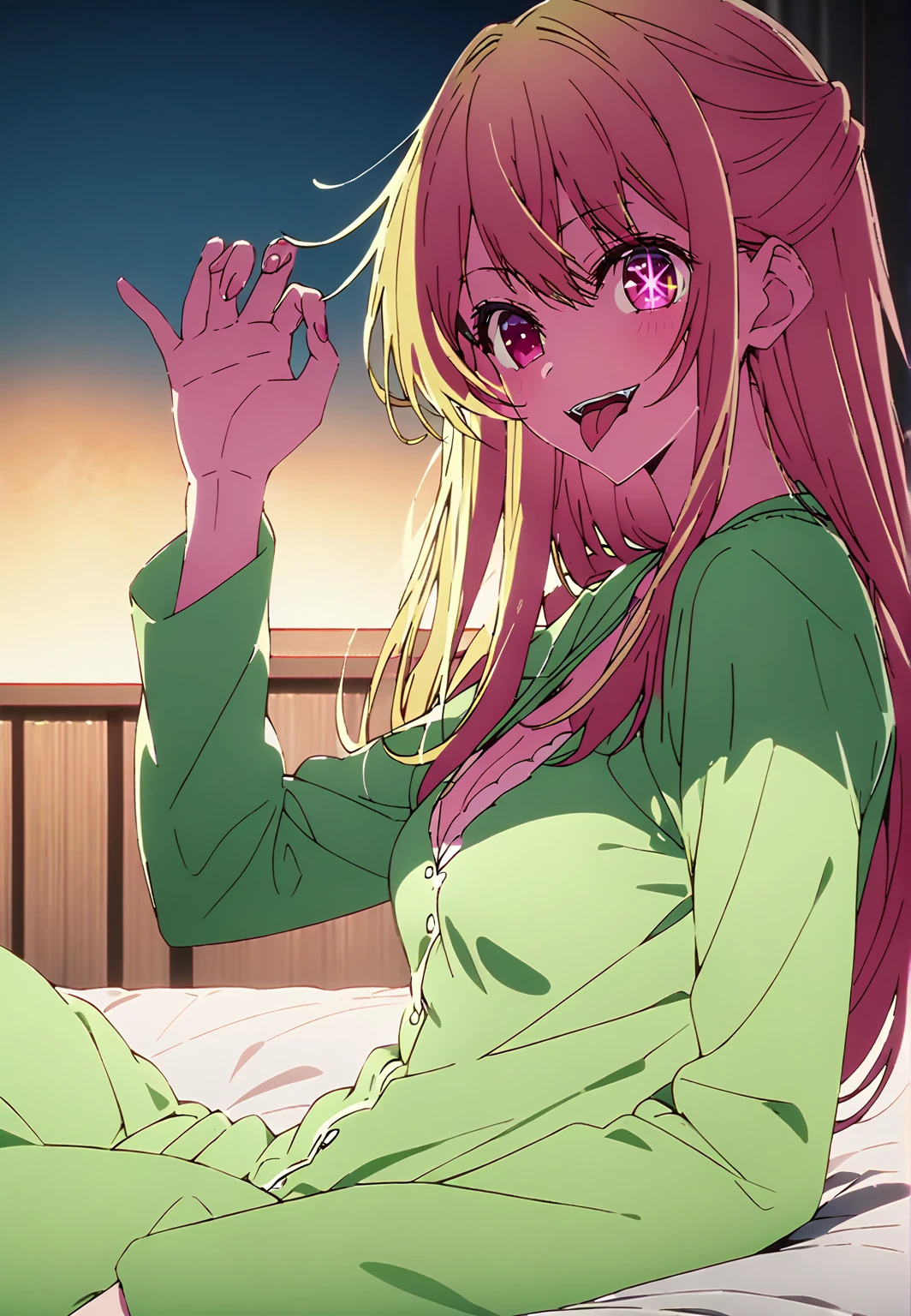 ruby hoshino, long hair, bangs, blonde hair, pink eyes, sidelocks, symbol-shaped pupils, multicolored hair, two-tone hair, hoshinoruby, star-shaped pupils, medium breasts, smile, pajama, green pajama, cleavage, lie on side on bed, open mouth, tongue out, handjob gesture, blowjob face, from side, looking viewer, night, best quality, high quality, ultra-detailed, high resolution, best quality, detailed shading, detailed background, super detailed, detailed skin, detailed clothes, solo,