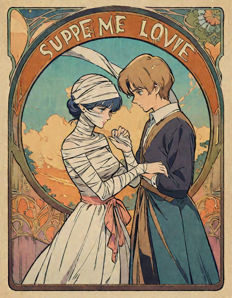 Retro movie poster of two bandaged mummies holding each other's hands. Love romance, supreme love, bandaged gothic horror maiden mummy and young man mummy. High quality costumes, art nouveau, retro poster of mummy, art nouveau, 1960s posters, retro art style, poster art style, lovely background, vintage images, retro illustration.