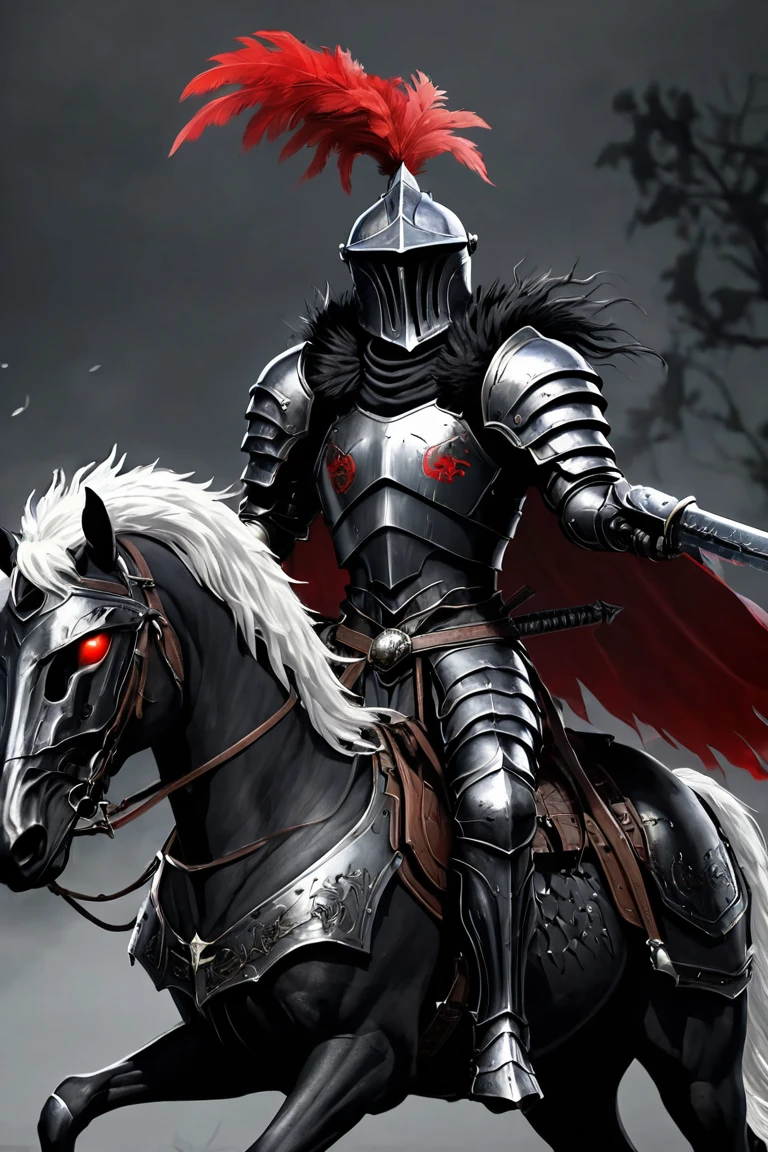  armored character holding a sword and shield riding a horse,  Light Black Armor ,  and smooth lacquered black metal armor ,  wearing smooth black armor , 狂战士骷髅骑士黑甲, Full body plate , Shiny Plate Armor ,  Knight in Plate Armor ,  Black Plated Armor ,  Dark Souls Armor Concept ,  scary full body heavy armor, Covered with full metal armor, Knight in armor, Wearing armor,  Red Glowing Eyes ,Fur collar, feather,Black cape ,Close up of a dark knight pony , Closeup with Skeleton Soldiers 
