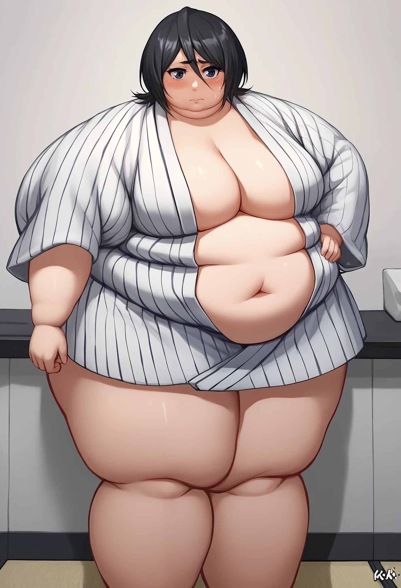 score_8_up, score_7_up, source_anime BREAK, clear face, defrka, black hair, black eyes, short hair, looking at viewer, standing, from front, yukata, cleavage, And room, open clothes, white pantie, blush, navel, embarrassed_female, fat, chubby, obese, gigantic arms and legs 