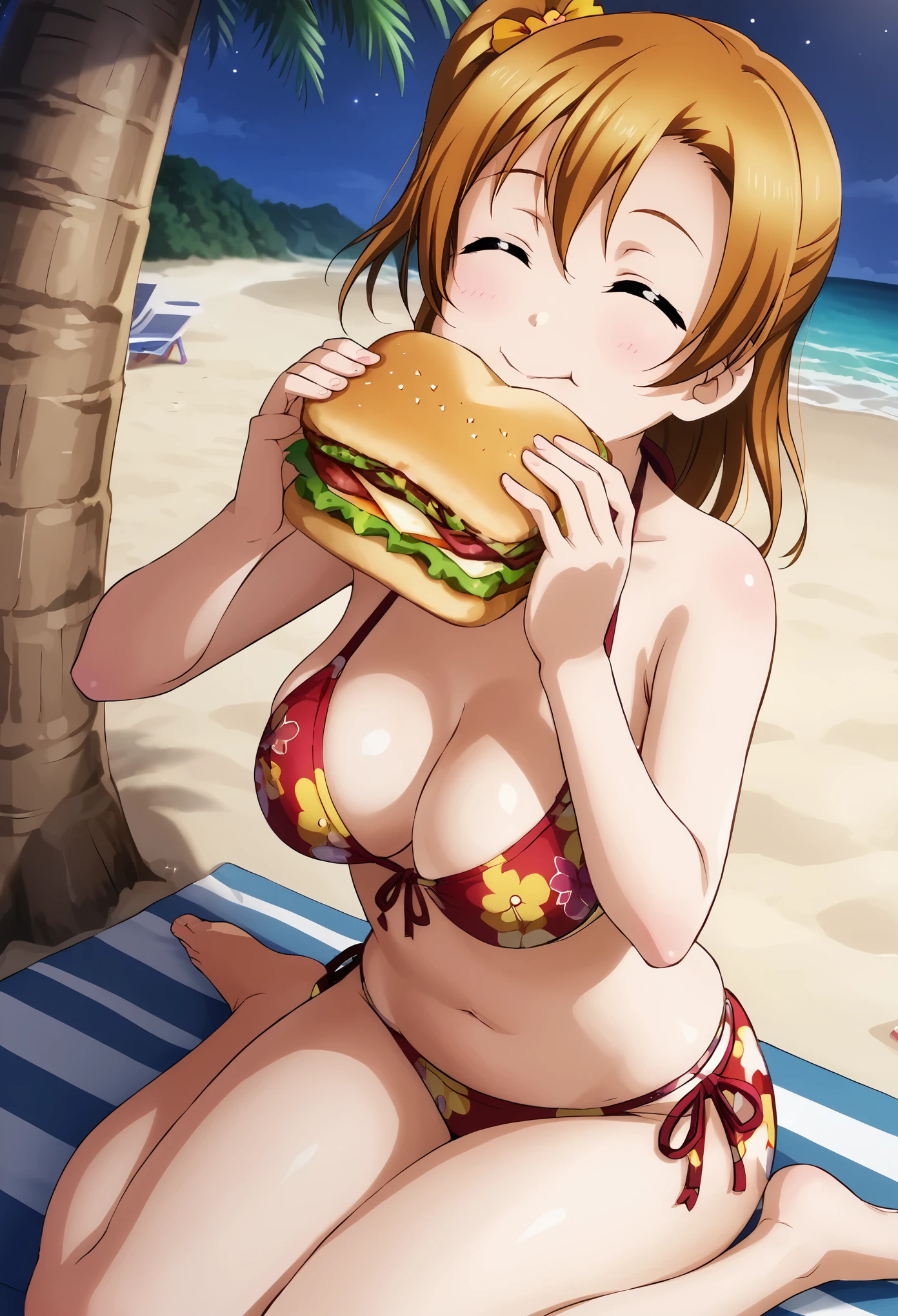 1girl, kousaka honoka,beach, floral print bikini, sitting against tree, detailed face , love live , eating sandwich, happy, closed eyes , night , detailed breasts , skindentation, shiny skin 