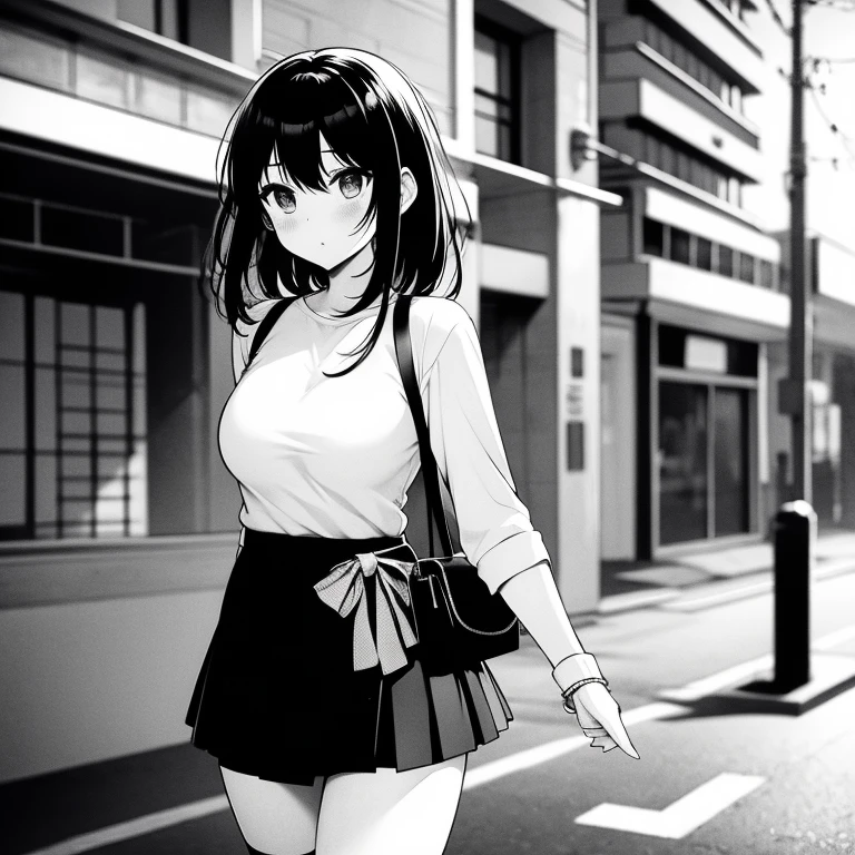 manga girl,he is,walking down the street in a black mini skirt