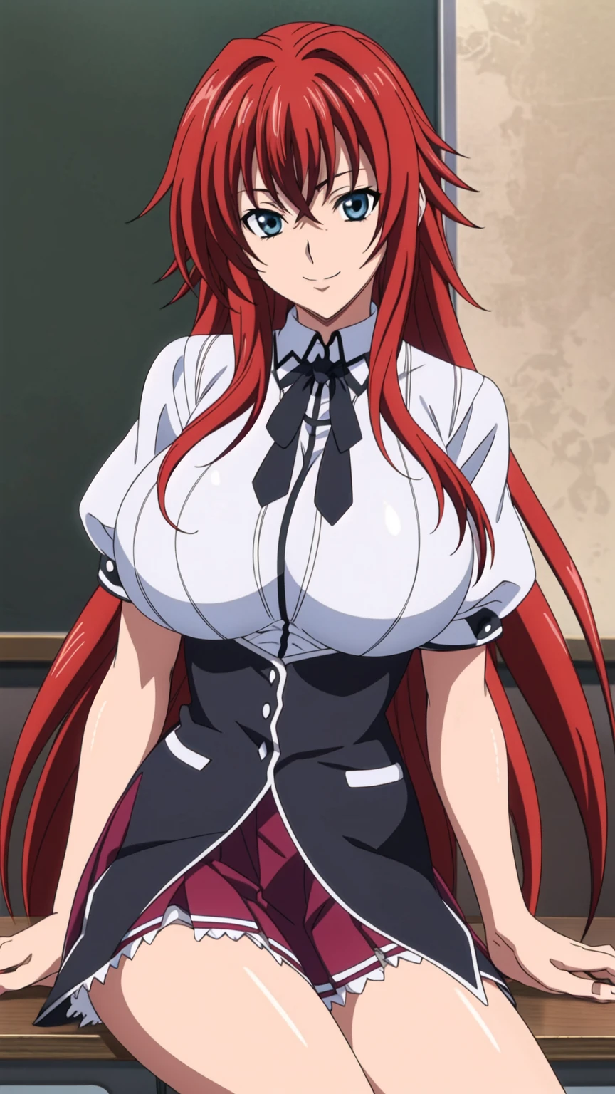  sitting on a school chair., Black Cloak, black neckwear, white shirt, Short sleeves, Red pleated skirt , Sailor collar, classroom background,  Rias Gremory,   animated pov in cell style,  Best Quality ,  high resolution, 1 woman, (Huge breasts:1.2),  beautiful face,  red hair,very long hair,  blue eyes on the desk,  Sneaking In , Smile, 