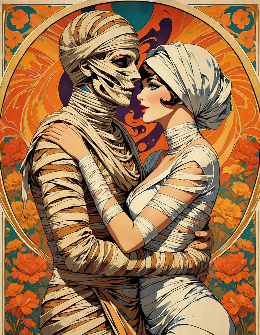 Two Mummies. Retro movie poster of two bandaged mummies holding each other's hands. Love romance, supreme love, bandaged gothic horror maiden mummy and young man mummy. High quality costumes, art nouveau, retro poster of mummy, 1960s posters, retro art style, poster art style, Brilliant color, lovely background, vintage images, retro illustration.