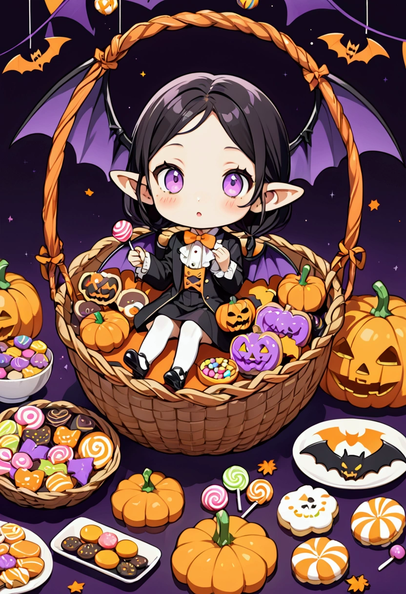 お化けカボチャの着ぐるみを着た***,a basket in his hand and sprinkling sweets, avatar style, simple background, colorful sweets in a basket ,Candy,lollipop, Halloween cookies , Halloween pumpkins, Count Dracula's clothes ,Bat Wings,Thin-tipped leather shoes ,Very fine,masterpiece, cute