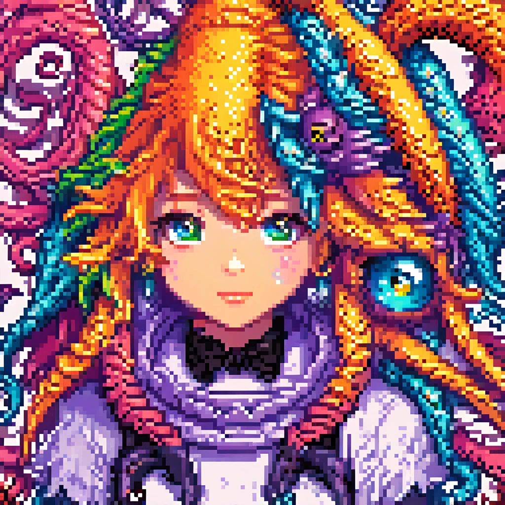 A detailed androgenous anime portrait done in kawaii final fantasy style, bright rainbow eyes and cephalopod tentacles, done in high resolution pixel art