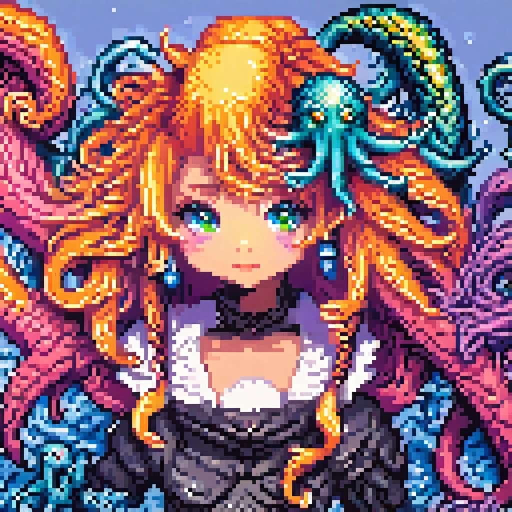 A detailed androgenous anime portrait done in kawaii final fantasy style, bright rainbow eyes and cephalopod tentacles, done in high resolution pixel art