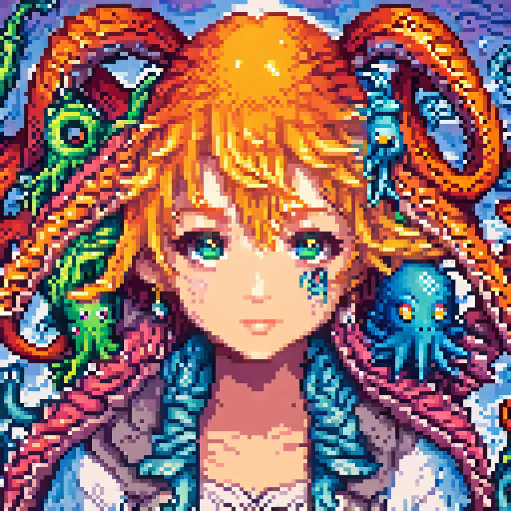 A detailed androgenous anime portrait done in kawaii final fantasy style, bright rainbow eyes and cephalopod tentacles, done in high resolution pixel art