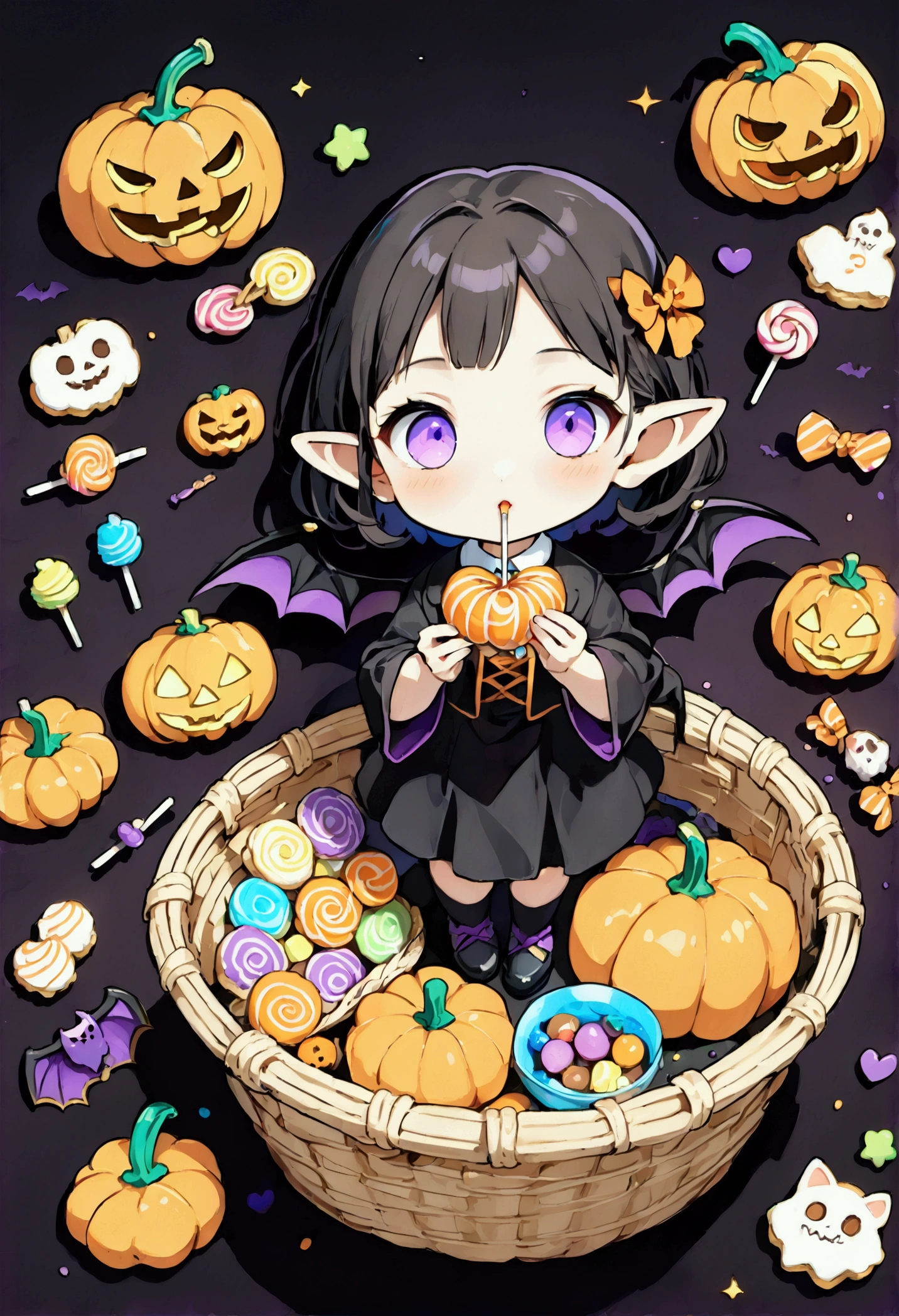 お化けカボチャの着ぐるみを着た女の子,a basket in his hand and sprinkling sweets, (avatar style:1.5), simple background, colorful sweets in a basket ,Candy,lollipop, Halloween cookies , Halloween pumpkins, Count Dracula's clothes ,Bat Wings,Thin-tipped leather shoes ,Very fine,masterpiece, cute