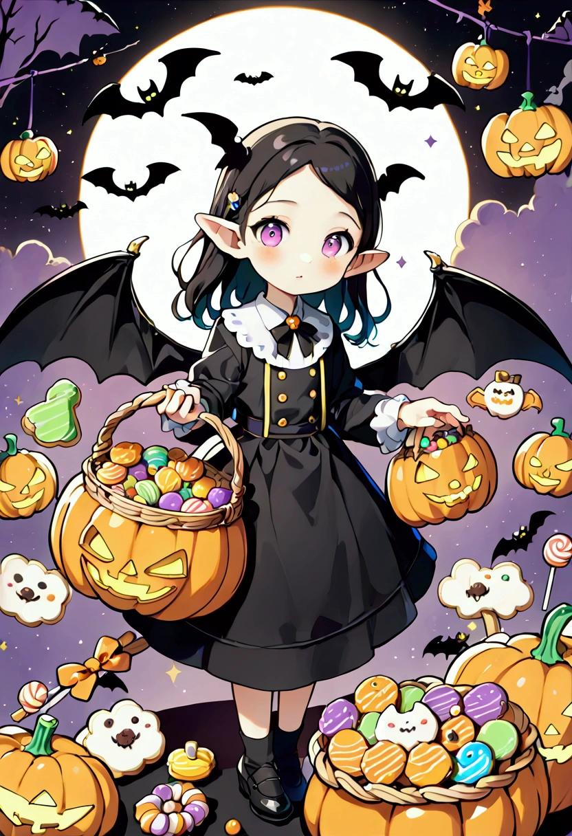 お化けカボチャの着ぐるみを着た***,a basket in his hand and sprinkling sweets, (avatar style:1.5), simple background, colorful sweets in a basket ,Candy,lollipop, Halloween cookies , Halloween pumpkins, Count Dracula's clothes ,Bat Wings,Thin-tipped leather shoes ,Very fine,masterpiece, cute