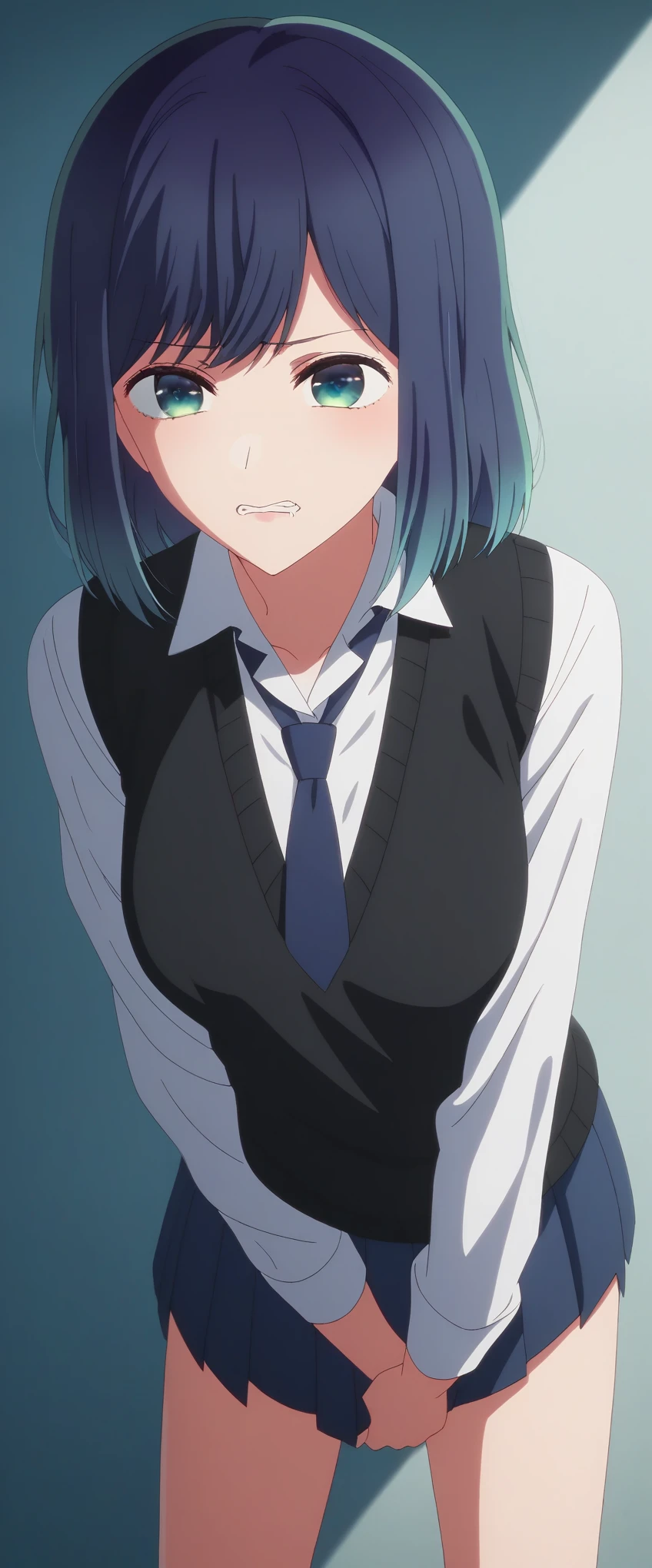  score_9,  score_8_up,  score_7_up, sauce_Anime,   Ambient Light  , the above,                                                                                                                                                   Akane Kurokawa, bangs, green eyes ,  blue hair ,  medium hair , dark  blue hair ,   gradient hair  ,  Furrowed brow , Falter, frown,                                                                                                                                    
nsfw,   torn shirt ,   school uniform ,  white shirt , tie,  collared shirt, vest ,  miniskirt  ,                                                                                                                                                                                                Outdoor, ,  (Leaning forward),  Long legs , and spread your legs, ( female masturbating ),                                                                                                                                                                                        
looking up, Alone,  Dutch angle , ,, (  TEETH ), saliva, ,medium breasts,                                                                                                                                                                                                                                                                                  