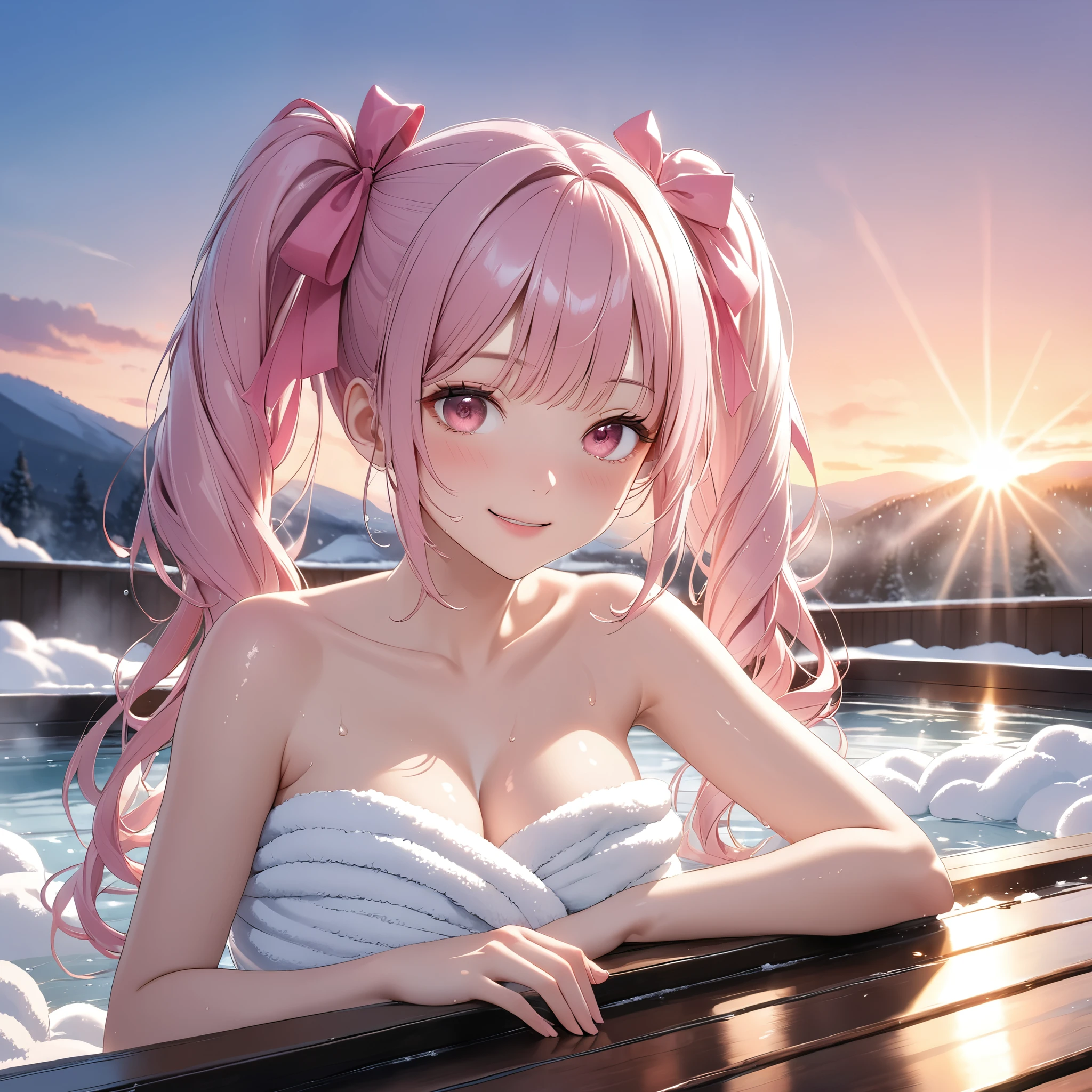 (8K, masutepiece, Best Quality, Official art, beautiful lighting, The best masterpiece in history that exceeds limits, beautiful detailed), (1 Girl, Solo), (), (beautiful detailed face), (shiny white skin, wet skin), (Beautiful big bust, cleavage:1.3), (beautiful detailed pink twin tails hair, Bangs, pink ribbon:1.3), (beautiful detailed drooping pink eyes:1.5), (toweling made of white fluffy cotton, sleeveless, strapless, wrap a plain white color towel over naked body, sheath line, wrapped soft thick white towel with fluffy trim, bare shoulders, bare arms:1.3), (happy smile:1.3), (Attractive, sensational, looking at viewer, cute pose), (soaking in beautiful hot spring, open-air bath, mist view, sunset, winter, snow, Breathtaking Scenery:1.3),