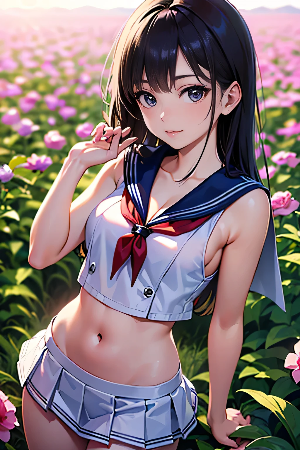 masterpiece,best quality,realistic,ultra high res,in summer,flower field,1girl,japanese girl,long hair,,small breasts,(sexy white sleeveless Sailor uniform that shows cleavage:1.3),navel_cutout,(low rise flared mini skirt:1.3),gravure,standing,posing,cowboy_shot,(no hat:1.3),