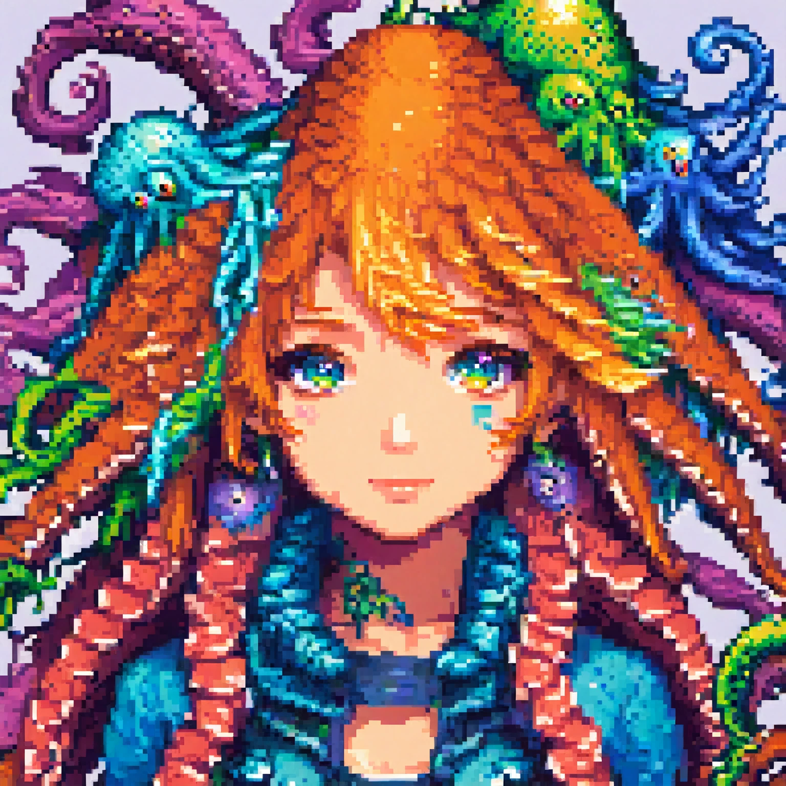 A detailed androgenous anime portrait done in kawaii final fantasy style, bright rainbow eyes and cephalopod tentacles, done in high resolution pixel art