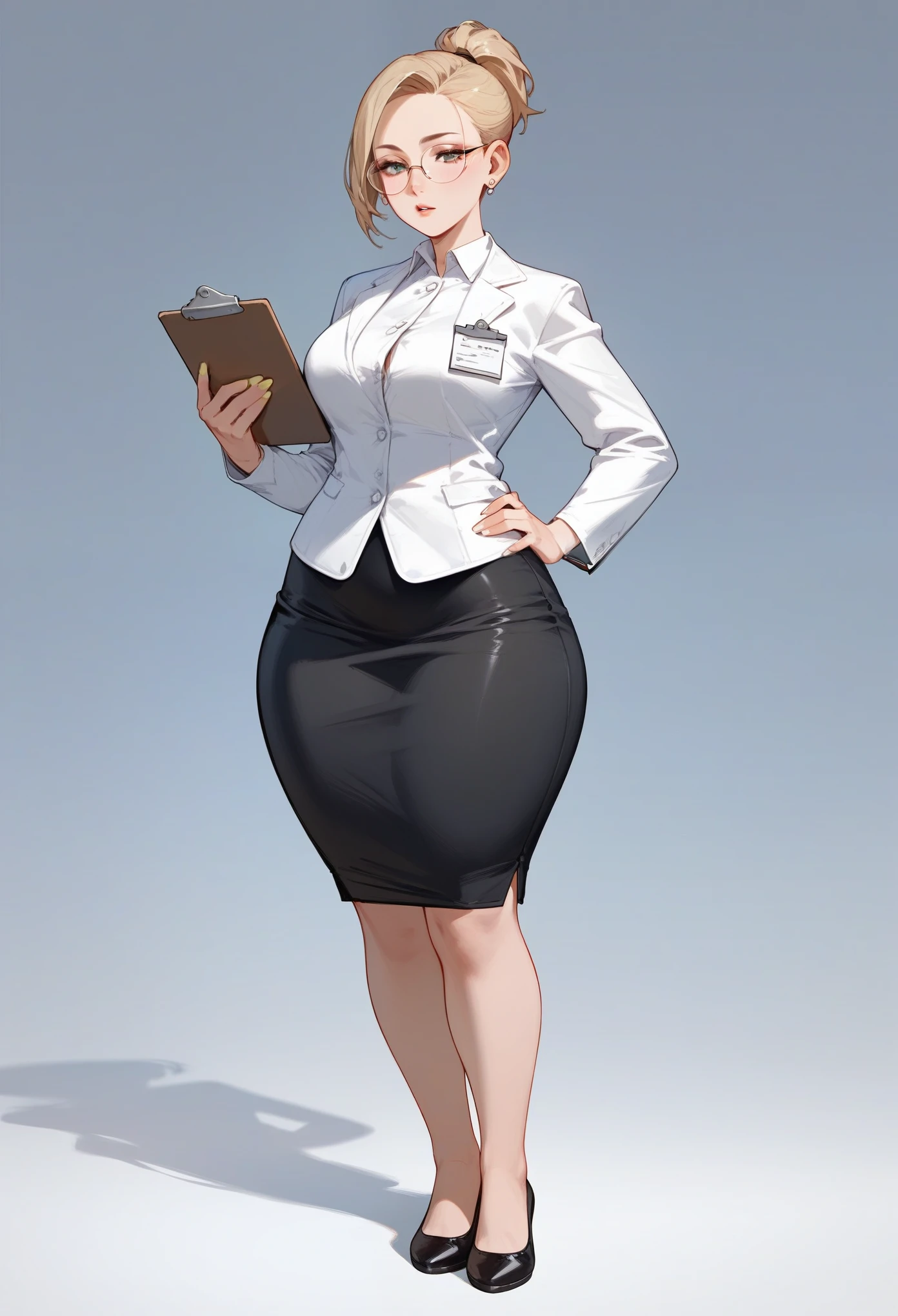 (score_9,score_8_up,score_7_up) 1lady, mature female, adult woman, very short hair, round face, pixie cut hairstyle, exposed forehead, blonde hair, big forehead, ponytail, wearing glasses, white button up shirt, white lab coat, tight long pencil skirt, very long skirt, long black pencil skirt, half lidded eyes, hand on hip, blank expression, pale, thick thighs, ballerina flats shoes, black footwear, wide hips, standing upright, full body shown, thick legs, massive thighs, older woman,voluptuous, hourglass bodyfigure, facing forward, detailed face, staring, long fingernails, natural nails, holding a clipboard
