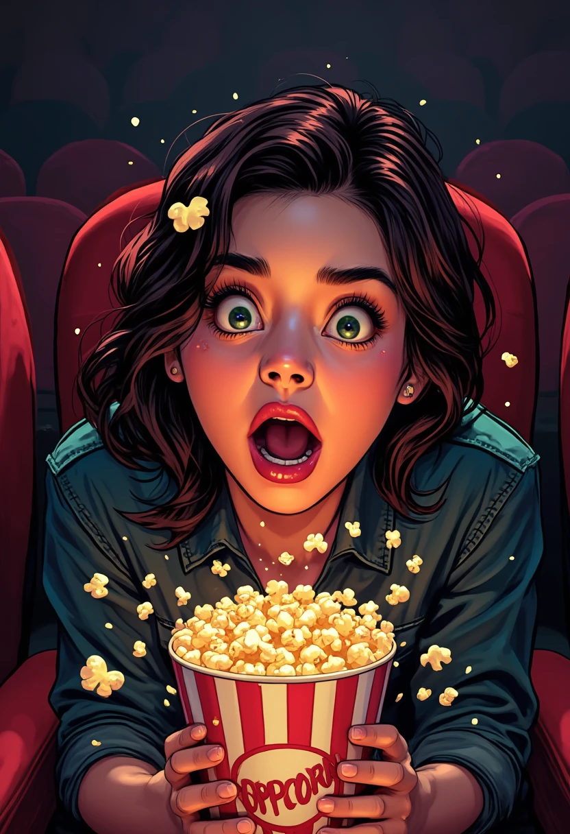 illustration, (comic book style), contrast lighting, front-view comic portrait of a cute young lady in a dark movie theater, dynamic exaggerated perspective, dynamic angle, (A massive bucket of popcorn, labeled with big letters "POPCORN" falling down from her lap). (strong front lighting). Expression of overwhelming surprise, her eyes looking a little bit upwards, her face lit by the front flash, mouth wide open. The exaggerated perspective draws attention to her wide eyes and open mouth with red lipstick. . The composition emphasizes the intense emotion and the distorted, immersive theater experience, ultrasharp, in style of comic book