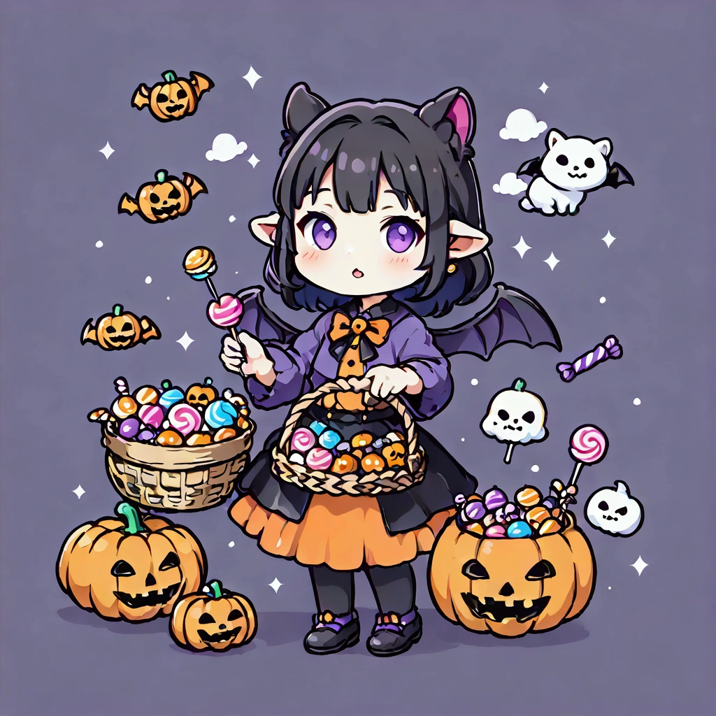 お化けカボチャの着ぐるみを着た***,a basket in his hand and sprinkling sweets, (avatar style:1.5), simple background, colorful sweets in a basket ,Candy,lollipop, Halloween cookies , Halloween pumpkins, Count Dracula's clothes ,Bat Wings,Thin-tipped leather shoes ,Very fine,masterpiece, cute