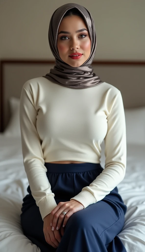 Black headscarf at home, white long sleeve t shirt, grey sweatpants, white socks, Sexy woman with glasses. Men touching women&#39;s buttocks.