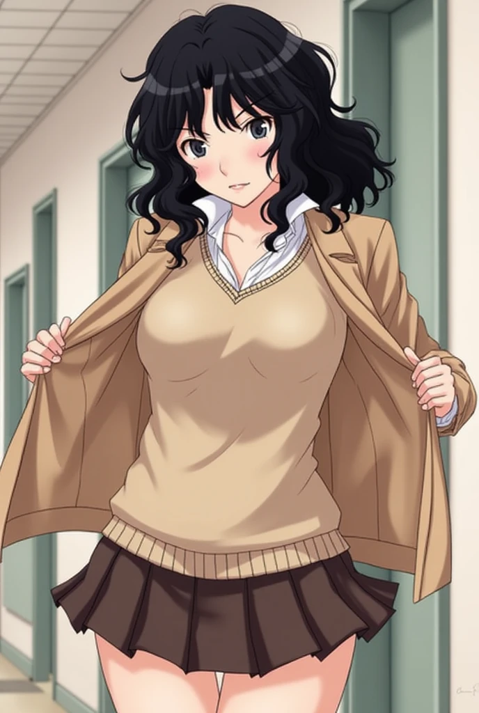 Kaoru Tanamachi(1:2),  super detailed face,  pay attention to the details with the hem of the clothes,  anatomically correct body ( beige knitwear style uniform:1.3), (Dark Brown Skirt:1.1), School corridor, Provoke by showing your stomach(1:10), Lift the hem of a uniform jacket(1:5), NSFW