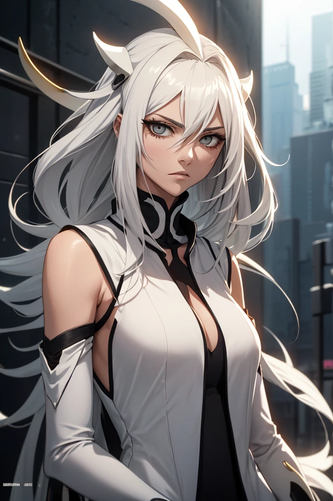 Create an anime-style depiction of a female Arrancar character named Solara Fulgora in the style of Bleach’s Espada. She has a tall and imposing figure with long, flowing silver hair and golden eyes. Her mask fragment forms a sleek crescent shape over her left eye, and she has a serene, almost regal expression. Solara wears a high-collared, sleeveless white dress with black accents and intricate, faintly glowing patterns across her attire. Her gauntlets are large and intricately designed, radiating a soft, celestial glow. Her aura is calm yet intense, with a background hinting at a desert or Hueco Mundo landscape. The overall look should convey power, loyalty, and a controlled, fierce beauty in line with the Espada aesthetic.