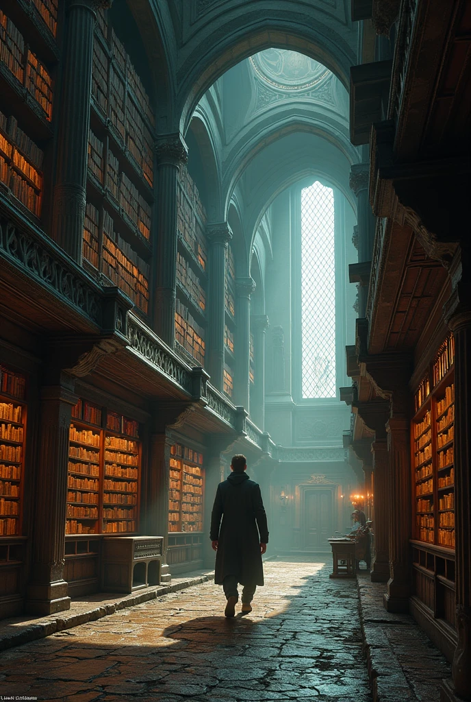 There is a photo of a bookstore， A man is walking through it , Gothic Epic Library concept, Gothic Epic Library, Gothic library,  ruins library concept art, Ancient library , Book Cave,  Magic library  , an eternal library, gloomy library, Dusty Library, Alchemist&#39;s Library Background, Carrying Space Library Artwork, Large library, Castle Library, dark library,  endless books