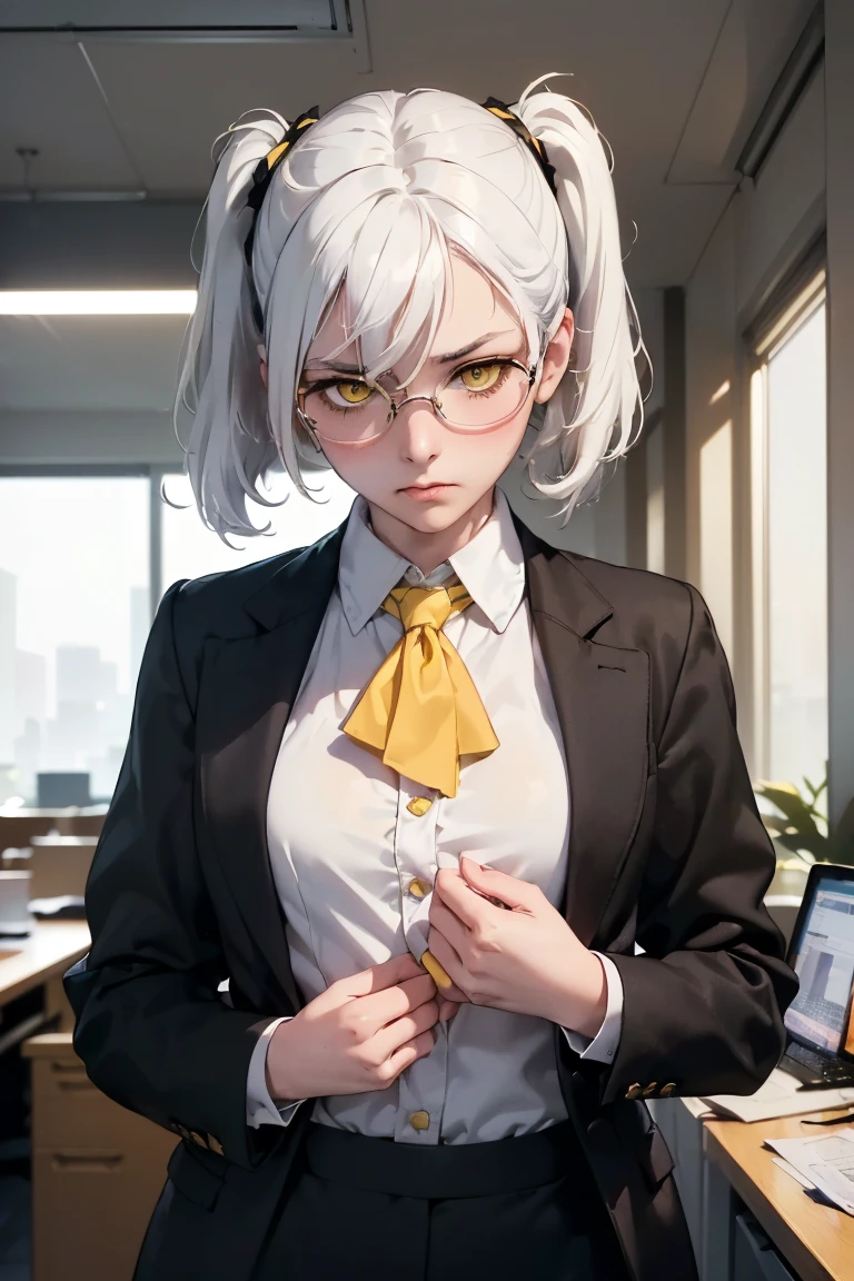 (best lighting) (best quality, masterpiece:1.2), (absurdres), wide portrait, ((shy, coy, embarrassed)), one woman, ((very short, messy boyish, white hair, pigtails), ((yellow eyes)), (detailed eyes), (((small breasts))), ((wearing office attire)), ((wearing suit)), ((wearing glasses)), soft lighting, hazy, cinematic