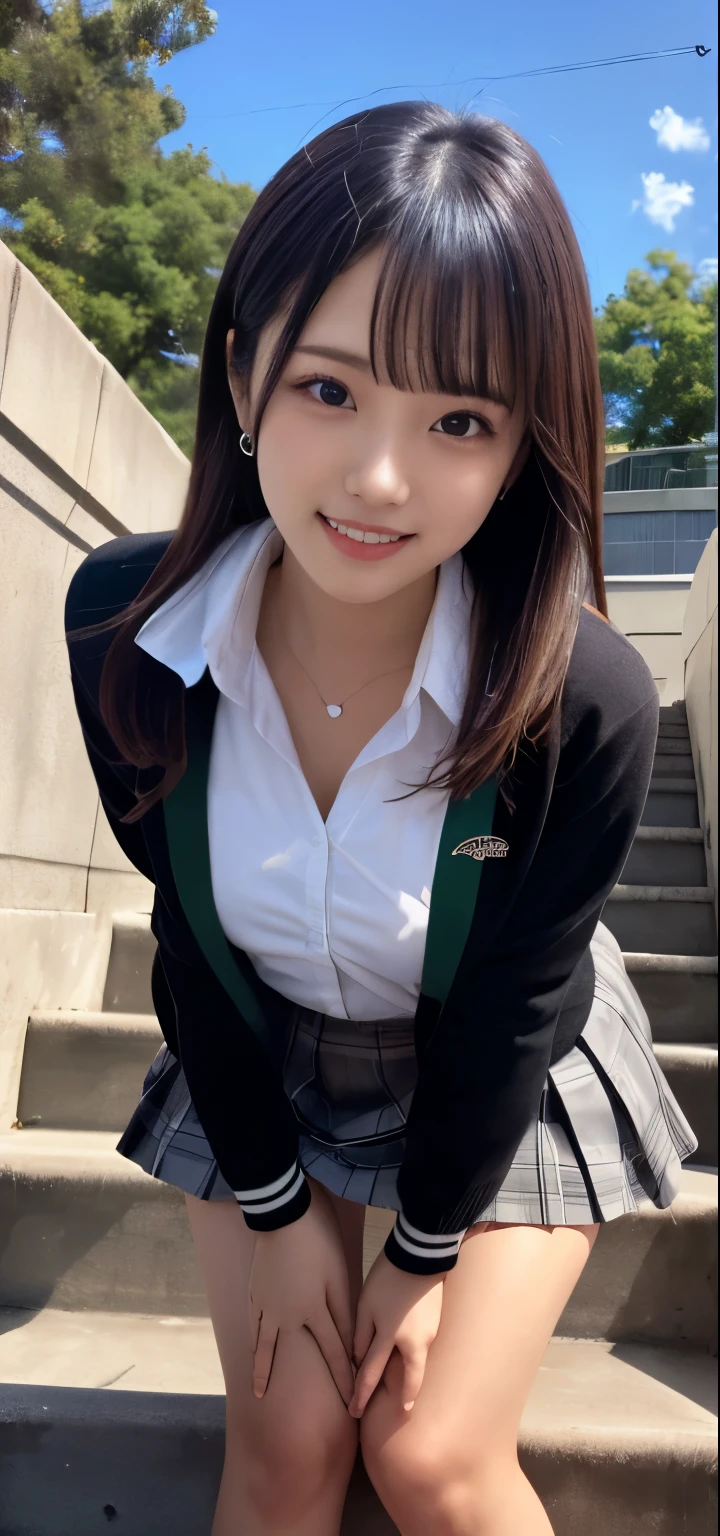 (masterpiece:1.2, Best Quality), (Realistic, photoRealistic:1.4), beautiful illustrations from the front, ( NATURAL SIDE LIGHTING, Cinema Lighting), stares at viewers, upper body, (Front View), 1 girl, perfect face, cute symmetrical face , shiny skin, , long eyelashes, ( wide hips ),Beautiful Hair, Beautiful Face, Fine and Beautiful Eyes , Beautiful body, Beautiful breasts, Beautiful Thighs, beautiful legs with tails, Beautiful fingers,( beautiful scenery ),(Mischievous Smile:1.2, Superior), The look of temptation、Japanese, high school girl,(Bob Hair、), split bangs , lighting emerald green eyes, long lashes, (White thighs),The whole body is visible, Dynamic Angle, perfect body, (( school uniform , black jacket , open jacket , Brown cardigan, white shirt , black skirt, Plaid skirt)), City stairs,( looking up from the bottom of the stairs ), ,(Leaning forward:1.4),(arrive :1.5),