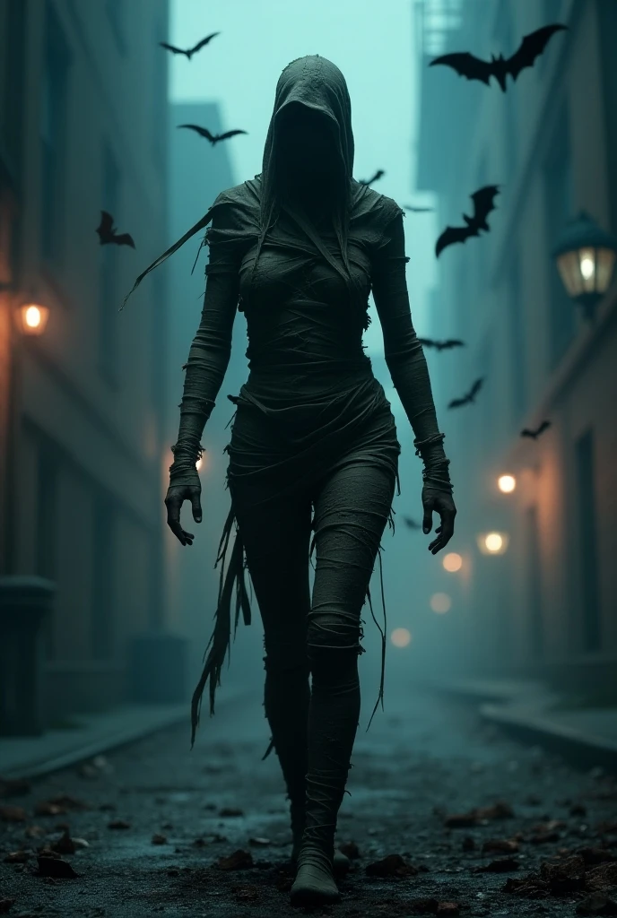 ((masterpiece, highest quality, Highest image quality, High resolution, photorealistic, Raw photo, Extremely detailed CG unified 8k wallpaper)), Dramatic Light, Volumetric Light, Mummy, (A mummy woman standing with her legs open in a city at night, with dirty bandages over her entire body, head to toe:1.3), Incredible texture and detail are shown. Rendered with high quality, ultra-detailed textures. view from below, Bats fly around her,