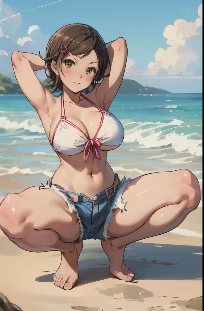 beautiful face:1.4,impish smile:1.2,blush:1.2,beach:1.2,huge breasts,squatting:1.2,spread legs:1.2,Half-top bikini:1.2,underboob:1.2,arms behind head:1.2,midriff peek,Alone,1 cute girl,viewers standing with their legs open,  Hatoko Kato,Denim shorts,bare foot BREAK (masterpiece,best quality:1.4),super fine illustration,shiny skin,detailed skin,detailed face,detailed eyes,an extremely cute and beautiful girl,cowboy shot