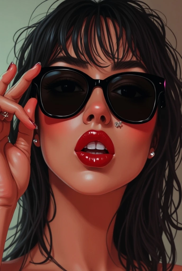 make a A bad bitch with sunglasses but down to the nose like peeking through the sunglasses and her tounge is out with a piercing on it. Her hand is touching the sunglasses made from glitch only