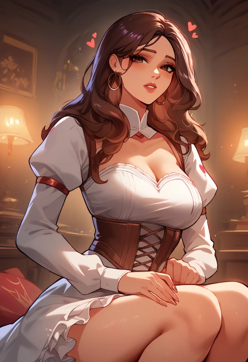 Ruby (fortnite) ,latina, natural skin tone, shape ass heart, curve body, Medium B size breast, ((luxury mansion living room background)), ((NSFW)), ((night background)) , (masterpiece), best quality, expressive eyes, perfect face, (closeup view), ((1 girl solo)), reddish brown hair, wavy hairstyle, brown eyes, hourglass figure, thick thighs, long fingernails, White Victorian medieval ressiance dress and a brown Floral corset with bow with puffy long sleeves., hoop earrings, miscellaneous jewelry, 