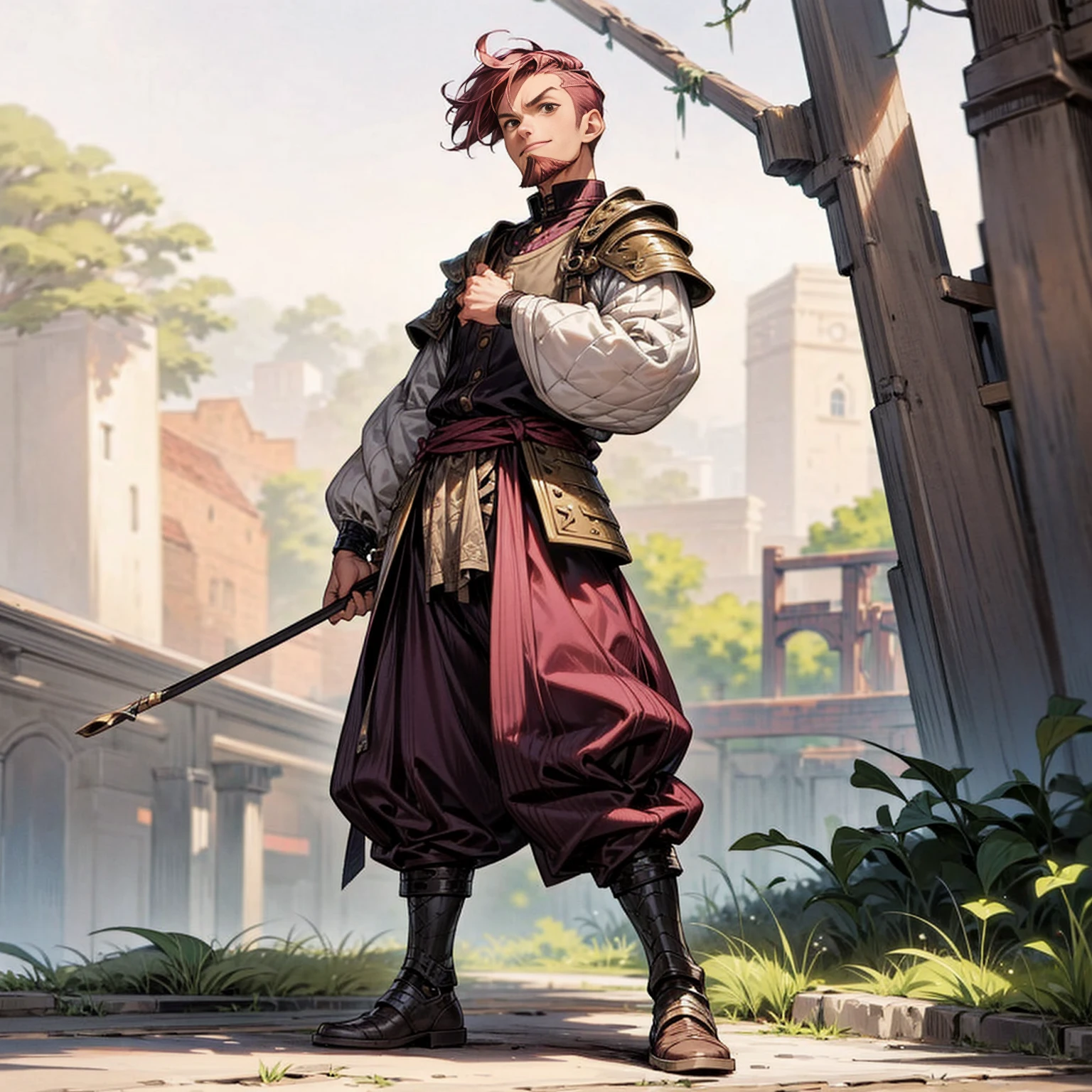 Solo character, full body version,  boy, brown eyes, magenta color hair, undercut hair, casual clothing, white color clothing, brown pants, boots, outdoor, park, village, medieval, standing gesture, detailed background, detailed clothing, detailed hair, (haikyuu style art), armored, chin beard 