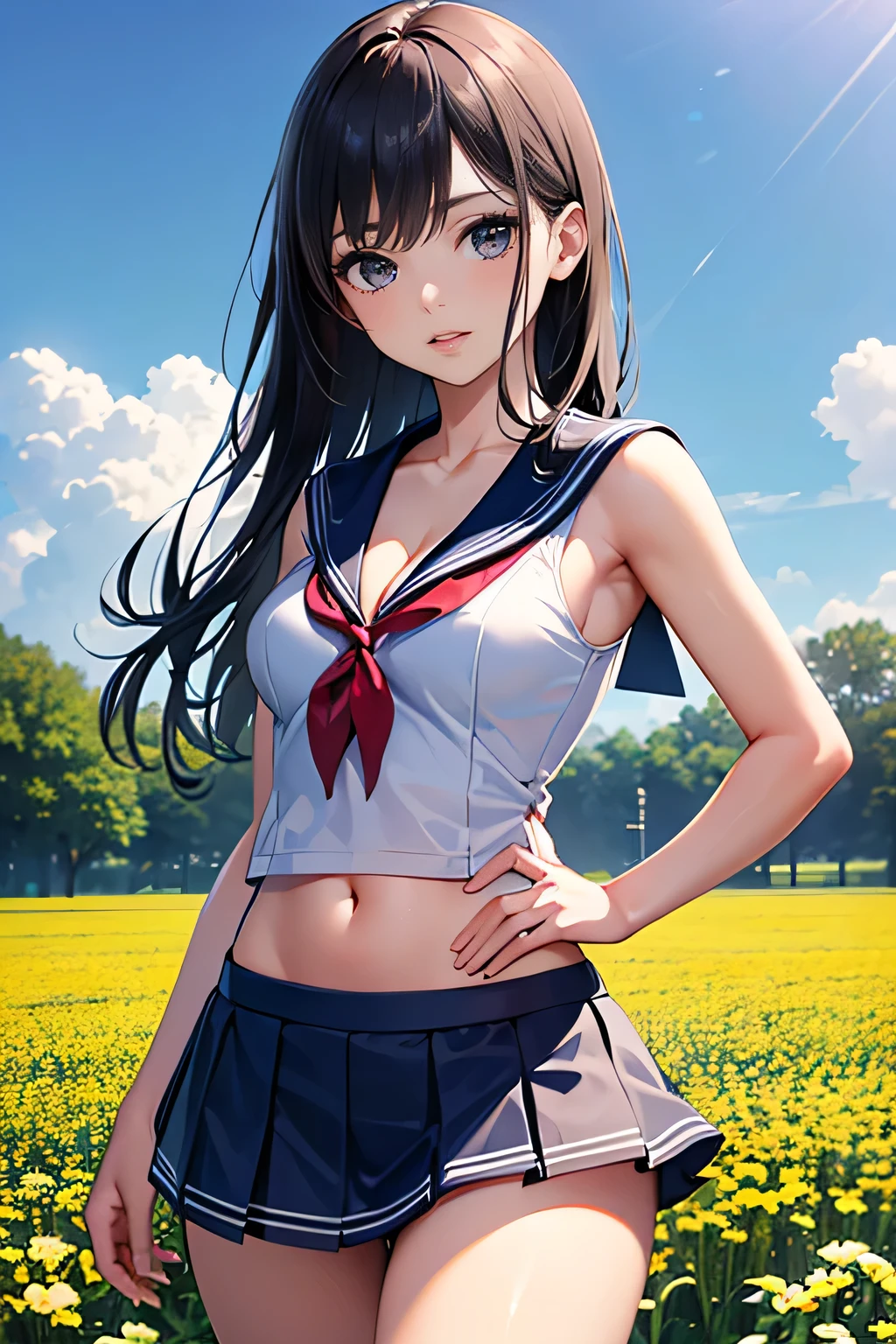 masterpiece,best quality,realistic,ultra high res,in summer,flower field,1girl,japanese girl,long hair,,small breasts,(sexy white sleeveless Sailor uniform that shows cleavage:1.3),navel_cutout,(low rise flared mini skirt:1.3),gravure,standing,posing,cowboy_shot,(no hat:1.3),