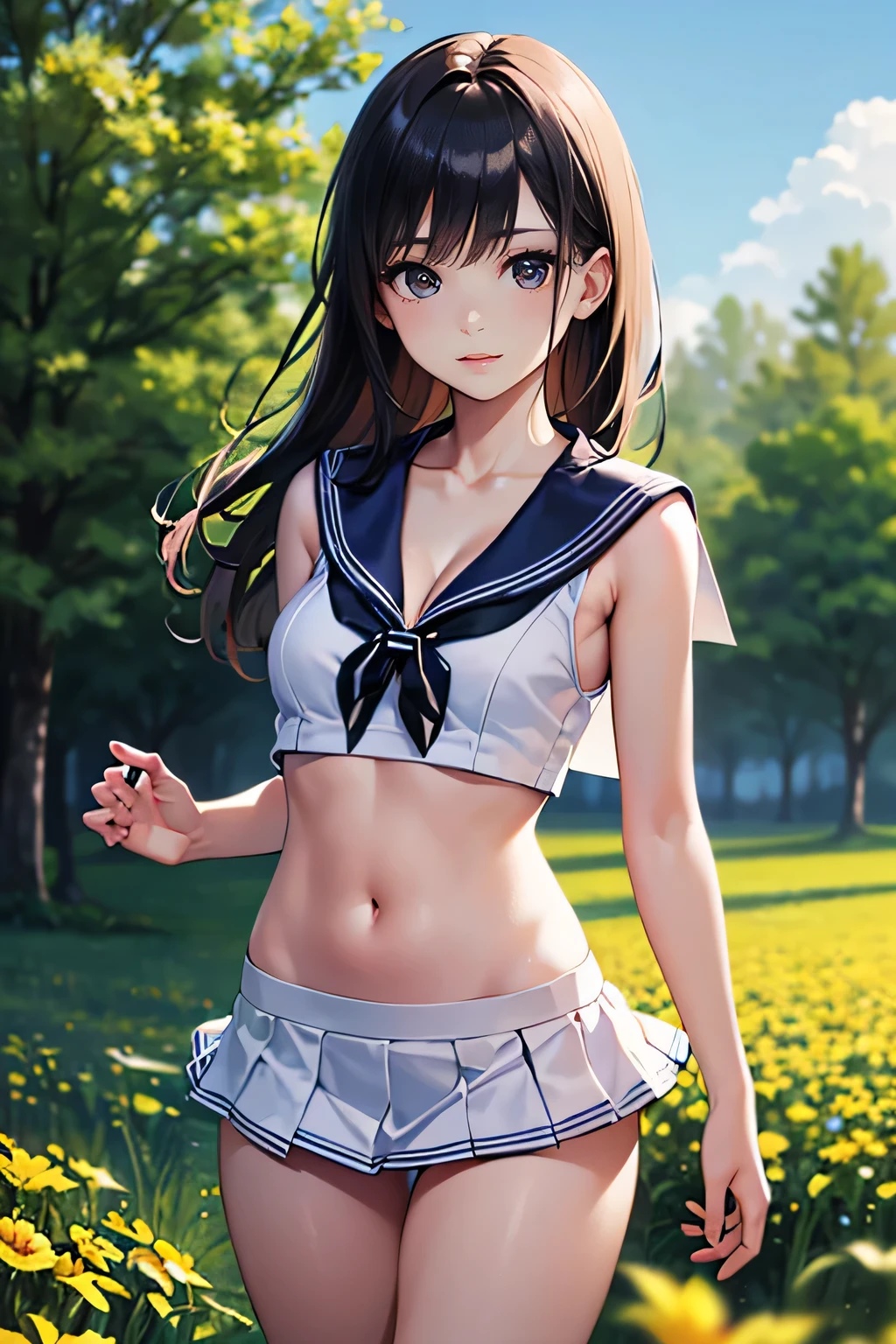 masterpiece,best quality,realistic,ultra high res,in summer,flower field,1girl,japanese girl,long hair,,small breasts,(sexy white sleeveless Sailor uniform that shows cleavage:1.3),navel_cutout,(low rise flared mini skirt:1.3),gravure,standing,posing,cowboy_shot,(no hat:1.3),