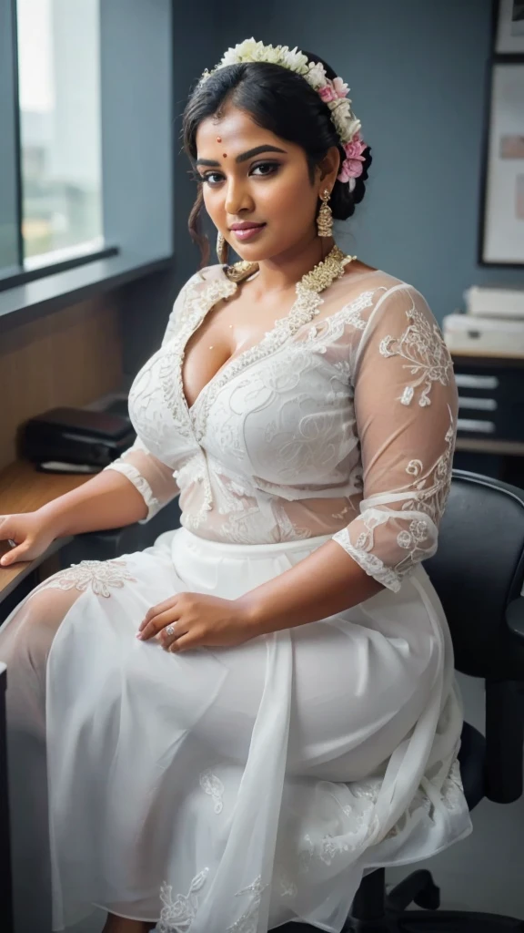 a beautiful South Indian 25 year old plus sized teacher (wearing white colour silk night gown and bra) in a office, affectionately hugging a group of 60 year old man, full body image
