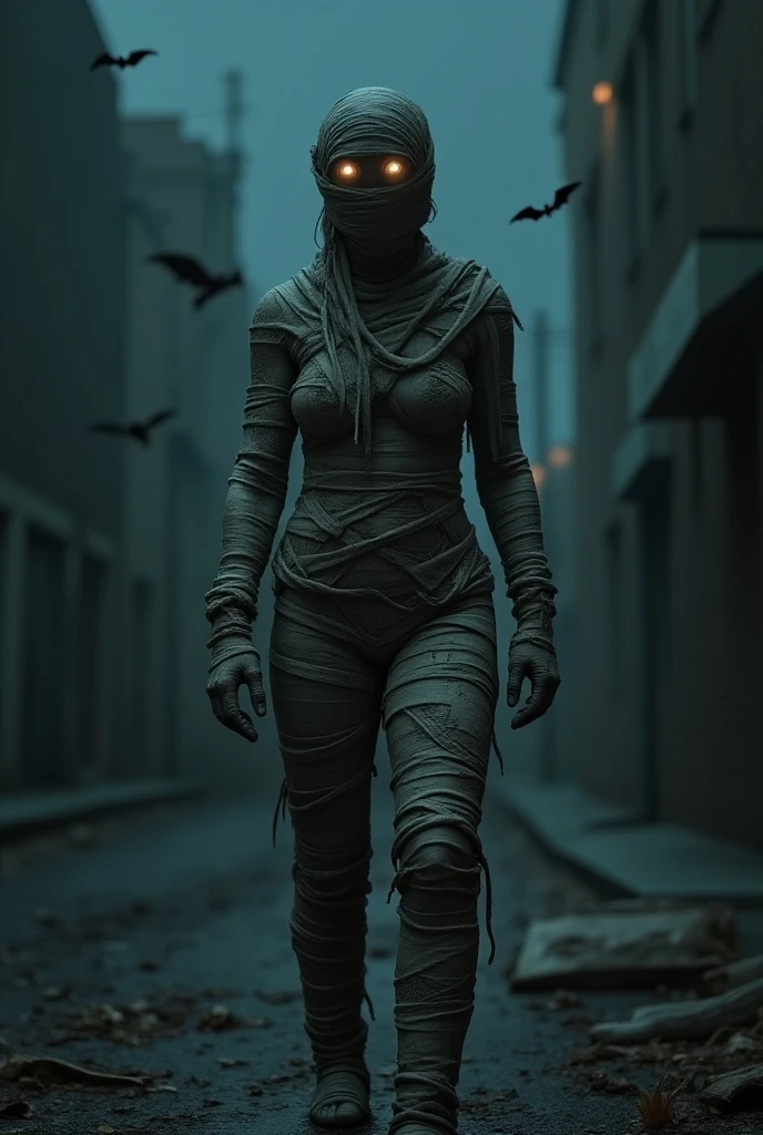 ((masterpiece, highest quality, Highest image quality, High resolution, photorealistic, Raw photo, Extremely detailed CG unified 8k wallpaper)), Dramatic Light, Volumetric Light, Mummy, (A mummy woman standing with her legs open in a city at night, with dirty bandages over her entire body, head to toe:1.3), Incredible texture and detail are shown. Rendered with high quality, ultra-detailed textures. view from below, Bats fly around her, It is labeled “Mammy's Mummy.”