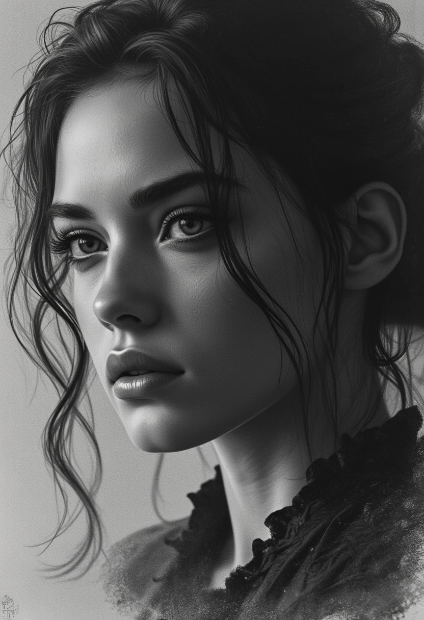 Young woman in a contemplative pose, charcoal medium featuring robust, unrefined strokes, prominently akin to a matte movie poster, composition aligned with the golden ratio, elaborate details mirroring current trends on ArtStation, side-lighting crafting depth and contrast, eyes locked with the onlooker in a challenge, overall atmosphere exuding a cinematic grandeur, ultra-clear movie poster with production-ready character visualization, epic vibe.