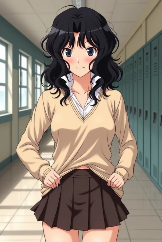 Kaoru Tanamachi(1:2),  super detailed face,  pay attention to the details with the hem of the clothes,  anatomically correct body ( beige knitwear style uniform:1.3), (Dark Brown Skirt:1.1), School corridor, Provoke by showing your stomach(1:10), Lift the hem of the knit(1:5), NSFW