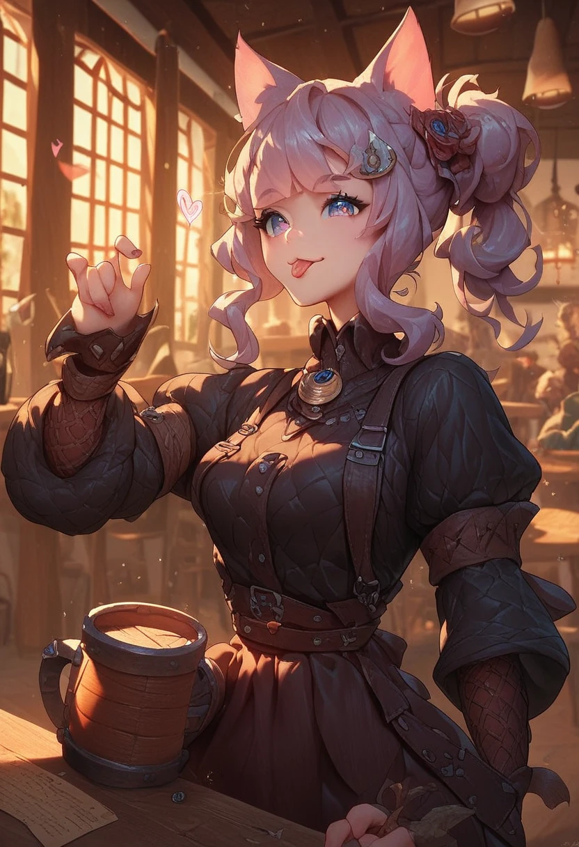 anime cat girl working at a tavern, slutty clothing, cute, adorable, fantasy art, detailed art, light novel art, anime art, sticking tongue out, cat eyes